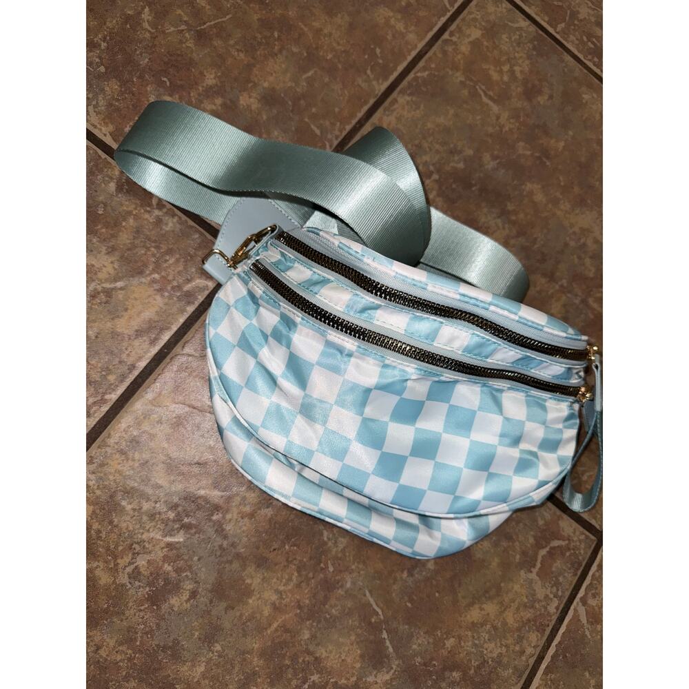 Blue & White Gingham Belt Bag Crossbody Bag Double Zip Adjustable Straps